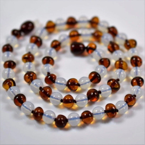  Cognac color Amber Necklace With Moonstone Round Beads