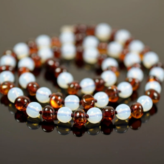  Cognac color Amber Necklace With Moonstone Round Beads