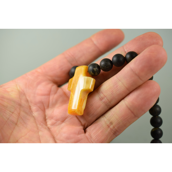 Round Black Amber Necklace With Pendant From Amber Cross