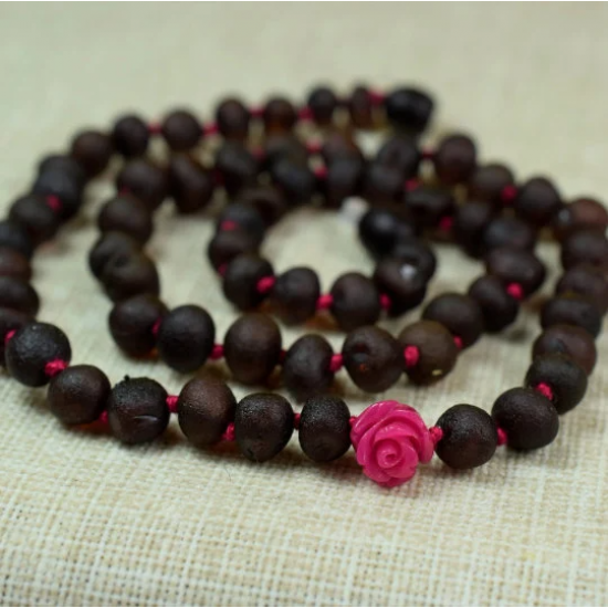 Necklace Of Natural Precious raw black amber with a rose/ Gift for Mom