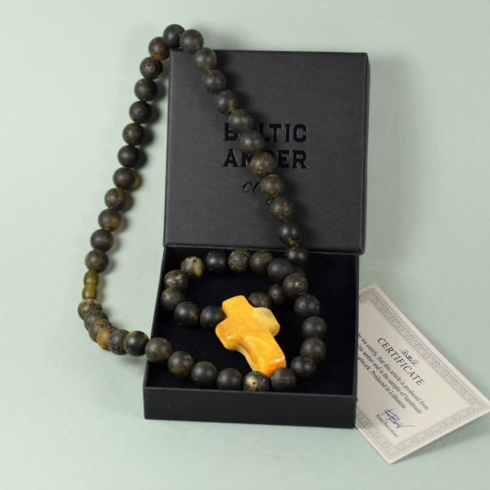 Round Black Amber Necklace With Pendant From Amber Cross