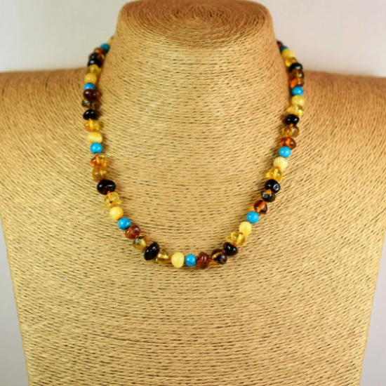 Women Amber Necklace with Turquoise beads/ Gift for Mom