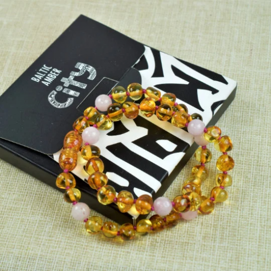 Amber bracelets and necklaces with pink agate from Kids to adult sizes