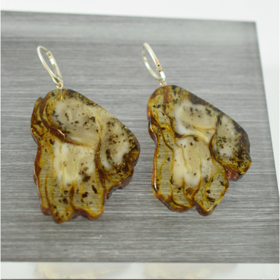 Amber Earrings  made cut from one piece of amber with silver 925 Clip-on