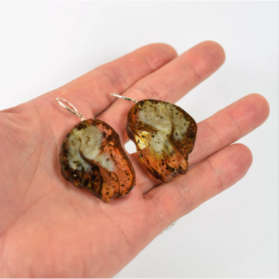 Massive Amber Earrings made cut from one piece of amber with silver 925 Clip-on