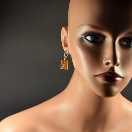 Cognac colored square earrings of Amber With Silver 925 Clip-on