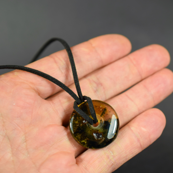 Amber donut pendant with leather strap, amber amulet, amber medallion