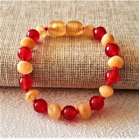 Baby Raw Amber Bracelet With Red Ruby Round  Bead