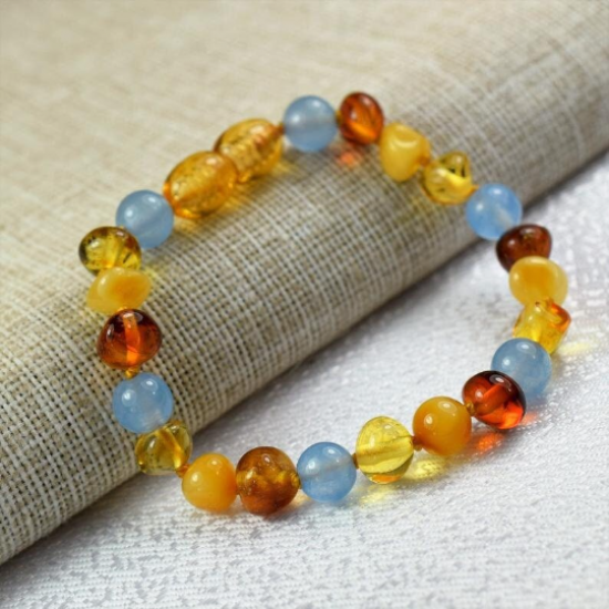 Baltic Amber Baby Bracelet With Aquamarine Beads