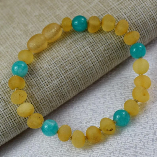 Children's/ Baby Amber Bracelet Made of Baltic Amber honey color with Jade stone beads