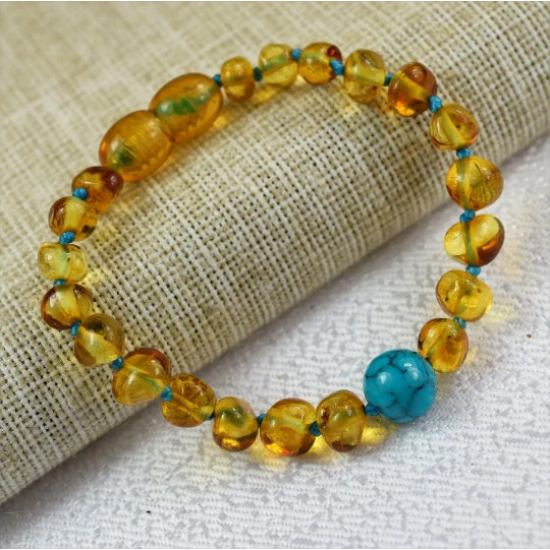 Children's Amber Bracelet Made of Baltic Amber with Turquoise beads