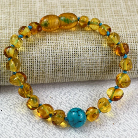 Children's Amber Bracelet Made of Baltic Amber with Turquoise beads