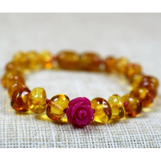Baltic amber baby teething  bracelet with Rose