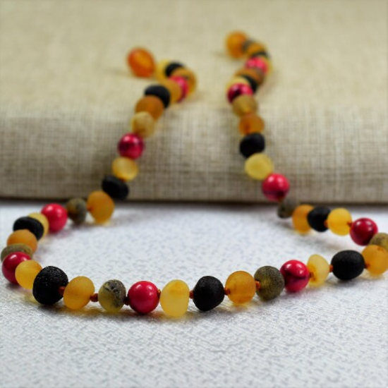 Baltic Amber Baby teething necklace with Turquoise or Rose beds