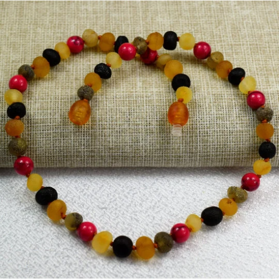 Baltic Amber Baby teething necklace with Turquoise or Rose beds