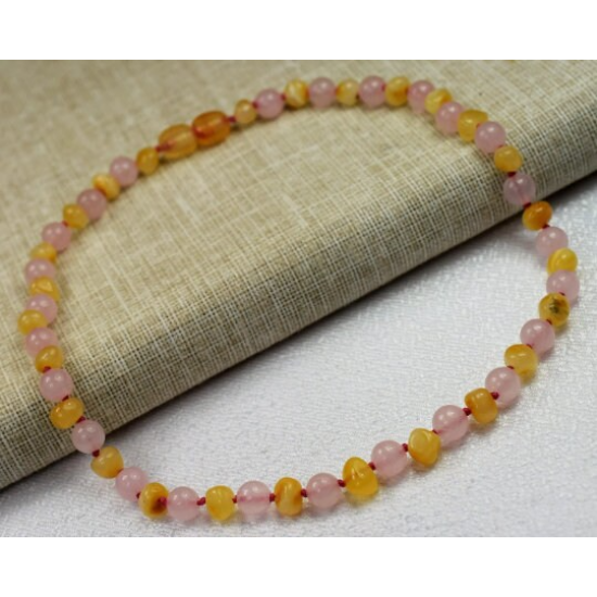 Children Amber necklace with quartz beads, Baltic Amber baby teething Necklace
