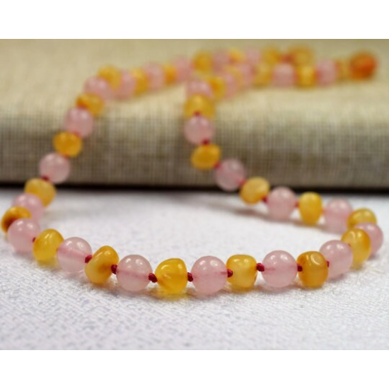 Children Amber necklace with quartz beads, Baltic Amber baby teething Necklace