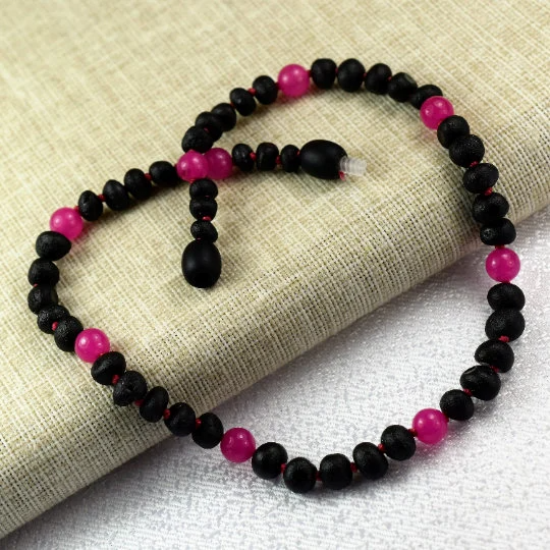 Black Amber necklace for Children with Dark Pink Jade Stone Beads 