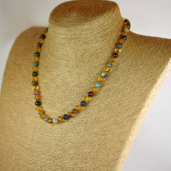 Honey color Amber Necklace With Jade  Round Beads