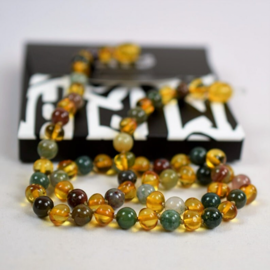 Honey color Amber Necklace With Jade  Round Beads