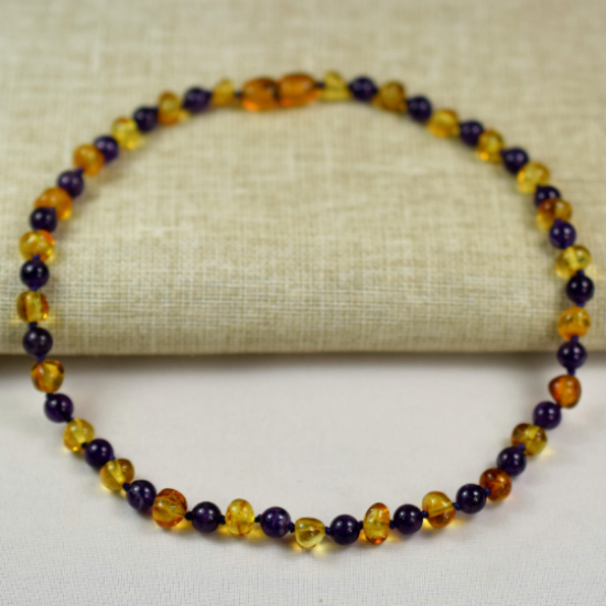 Baby and Mom amber necklace with amethyst stones