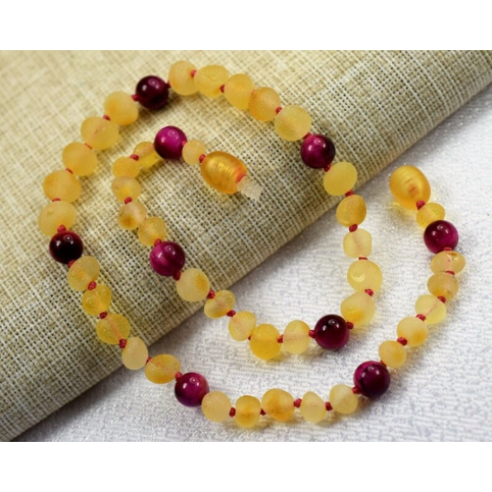 Raw  Amber Baby necklace with Raw Amber lemon color Tiger Eye Agates Round Beads
