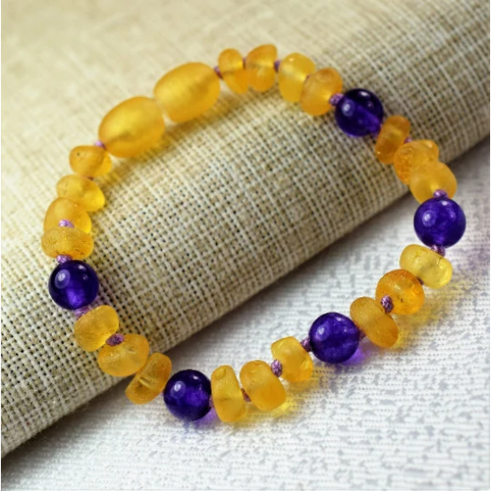 Children's/ Baby Amber Bracelet Made of Baltic Amber with Amethyst stone beads