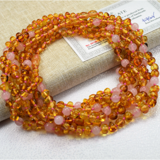 Wholesale Baby Amber Necklaces with Rose quartz beads