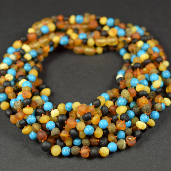 Wholesale Baby Multi Color Raw Amber Necklaces With Turquoise beads